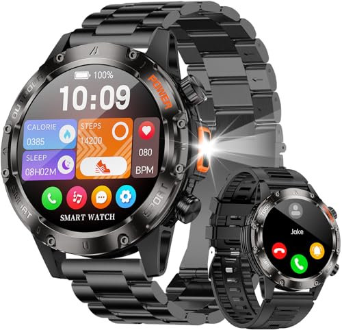 BRUBOSES Smartwatch Herren mit Telefonfunktion für Android iOS 1.43'' HD Display Outdoor Sportuhr mit 100 Sportmodi,Pulsmesser Schlafmonitor,IP68 Wasserdicht Schrittzähler(2 Uhrbänder) Schwarz