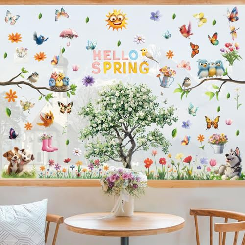 SanKristo 9 Blätter Blume Vögel Hunde Wiederverwendbare Fenster Aufkleber Selbstklebend Floral Tier Anti-Collision Fenster Glas Abziehbilder für Kinder Dekorationen, 30 * 20