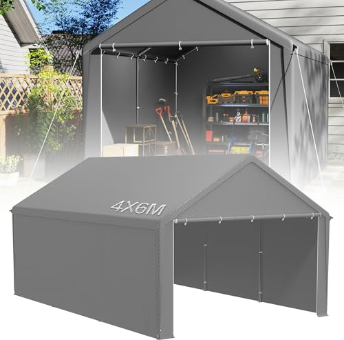 YRHome Lagerzelt 4x6 m mit PE-Dach Industriezelt PVC Wasserdichter Reißenresistenter Carport Garagenzelt für Auto, SUV, LKW, Boot&Mobile Lagerung-Grau