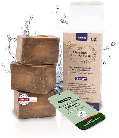 Aleppo Pure® Original Aleppo Seife Balance Set 3 × 200g – 20% Lorbeeröl – Handgemachte Naturseife für Gesicht, Körper & Haar – Bio Olivenölseife ohne Zusatzstoffe – vegan & palmölfrei