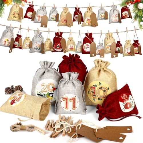 Omtofo 2026 Adventskalender Zum Befüllen mit 24 Stoffbeutel Jutesäckchen | Groß 13x18cm, Klein 10x15cm, mit Hanfseil Holzklammern Zahlenanhänger, Weihnachtskalender Tüten Adventskalender Säckchen
