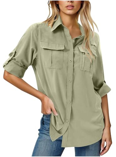 Chemisier anti-UV pour femme - Manches longues - Couleur unie - Chemise de loisirs - Chemise fonctionnelle pour la pêche, le safari, les voyages, le golf, kaki, S