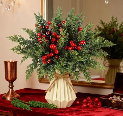 ilauke 50 Stück Tannenzweige Künstlich Wie Echt, große Künstliche Tannenzweige mit Roten Beerenzweig 30/25 cm, Kunst Tannenzweige Zweige für Vasen, DIY Zweige Zeko Weihnachten Weihnachtsdekoration