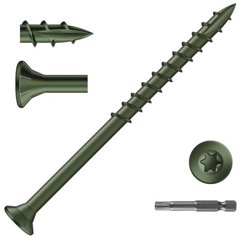 Zynthor 50Pcs 4.8 x 100mm Decking Screws, Green Wood Screws | Flat Head Deck Screw, Torx Drive Screw for Wood Timber, T25 Star Bit Included