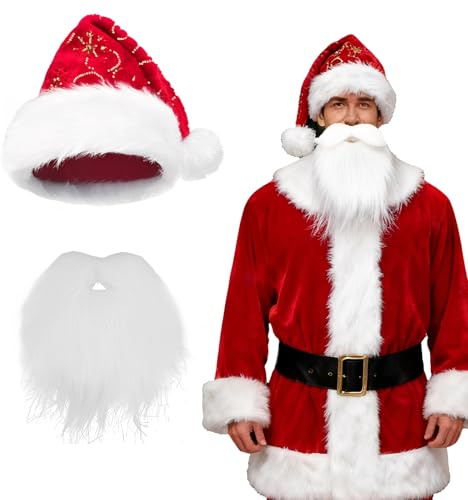 PIujsym Weihnachtsmann Kostüm Set – Nikolaus Kostüm mit Weihnachtsmütze & Weihnachtsmann Bart, Rot-Weiß Samt Mütze mit Kunstfell, Lustige Nikolaus Bart Deko für Weihnachten & Party
