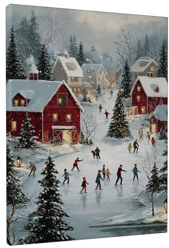 Kunstdruck auf Leinwand, Motiv: Winterdorf, rot/grün, verschneite Landschaft, Urlaubsdekoration für Wohnzimmer, Schlafzimmer, Büro, gewickelte Leinwand, 30,5 x 40,6 cm