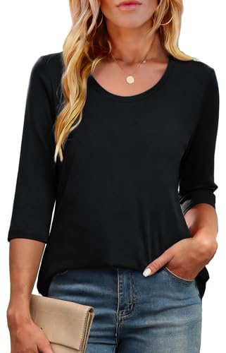 Crewhpo Women's 3/4 Sleeve T Shirts Crew Neck Basic Tops Casual Loose Fit Tees Summer Solid Color T-Shirt Elegant Tunic Blouses B-Black