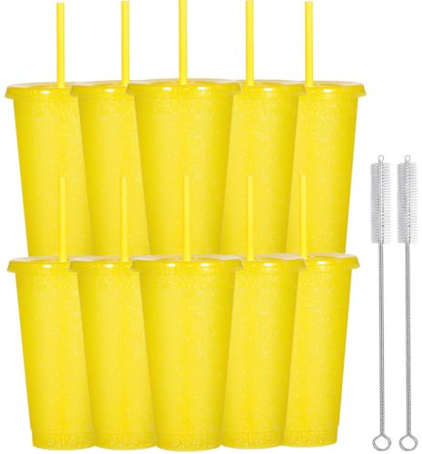 Yisituo 710ml Plastikbecher mit Deckel und Strohhalm,10 Stück für Erwachsene und Kinder Wiederverwendbare smoothie becher, perfekt für Partys, Strand und Poolpartys (10, Gelb)