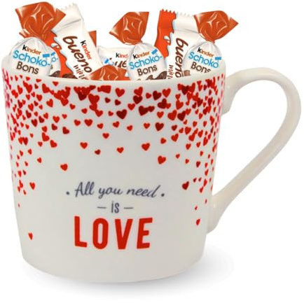 KINDER - Mug et 25 Chocolats - Cadeau Saint-Valentin et Fête des Mères | Assortiment 25 Chocolats Kinder Bueno Mini & Schoko-Bons dans Mug All You Need Is Love Motifs Cœurs