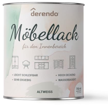 derendo Möbellack ohne Schleifen Altweiss matt Holzlack für Innen 0,75l | Hochdeckend, Holzfarbe innen, Kreidefarbe für Möbel, Türen & Fronten, Strapazierfähiger Holzlack matt
