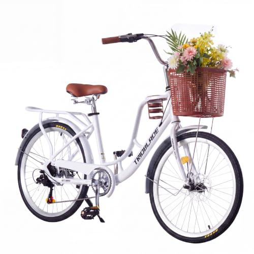 LSBIKE 24/26 Zoll Damen Fahrrad mit Korb, Frauen Mädchen 7-Gang Citybike, Mit Tassenhalter und leichtem Gepäckhalter, Doppelscheibenbremse Stadt Fahrrad,Vintage Fahrrad mit Reflektoren