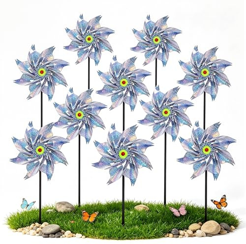10 Stück Windrad Vogelabwehr – Reflektierende Taubenabwehr Windräder, Glitzernde Windmühle für Garten Balkon Terrasse, Drehendes Vogelschreck Windspiel, Silber, 55 cm Hoch