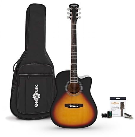 Dreadnought-Cutaway-Elektroakustikgitarre und Zubehör-Set, Sunburst | Dreadnought-Cutaway mit Integriertem Vorverstärker und 3-Band-EQ, Gigbag Saiten Stimmgerät, C-Hals, Sunburst