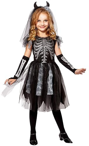 W WIDMANN MILANO Party Fashion - Skelett Kostüm Kinder | 3-teilig, Kleid mit Zubehör im Skelettbraut Look für Halloween, Karneval und Mottoparty