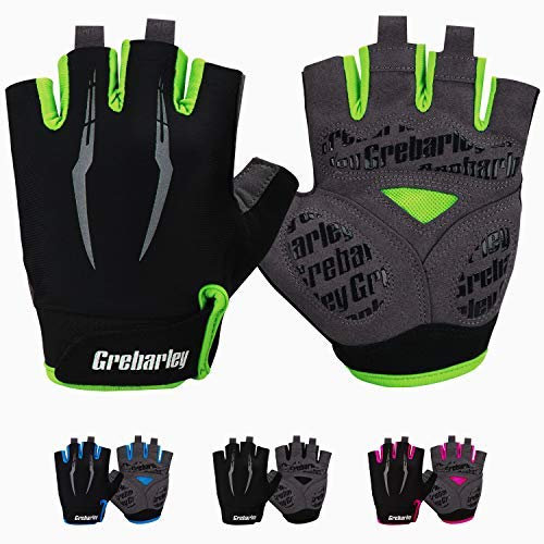 Grebarley Fahrradhandschuhe,Radsporthandschuhe rutschfeste und Stoßdämpfende Mountainbike Handschuhe mit geeiget Unisex Herren Damen (Grün, M)
