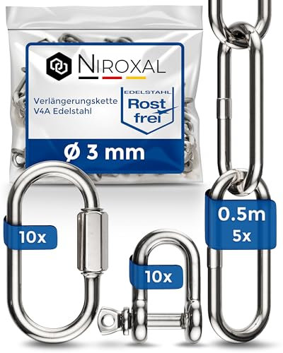 5 Stueck 50-cm = 0,5-Meter 3-mm starke Verlängerungs-Kette aus Edelstahl Bruchlast max 350 kg mit Schäkel Schraub-Verbinder aus V4A Befestigungs-Set Aufhängung von Boxsack Hängematte Hängesessel