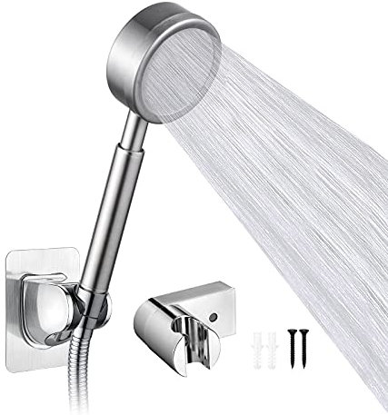Ibergrif M20224-1, Pommeau de Douche Avec Tuyau (180cm) und 2 Support de Douche - Douchette Douche Salle de Bain Haute Pression, Pomme de Douche Universelle Interface G1/2 Pouce, Inox, Argenté