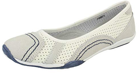 Ladies Down to Earth Flat Ballerina Shoes - White/Navy Leather - UK Size 6 - EU Size 39 - US Size 8