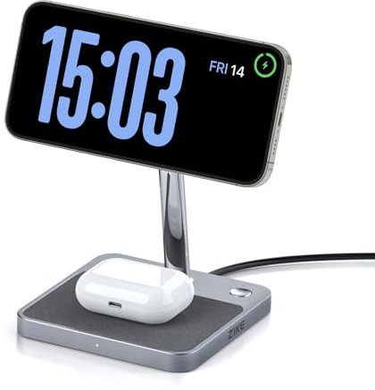 ZIKE 2-in-1-Ladegerät mit MagSafe, 15 W iPhone Ladeständer Wireless Charger with Cooling, Schnellladung mit Telefonkühlung, für iPhone 16/15/14/13, AirPods Pro 3/2 mit Standby Mode