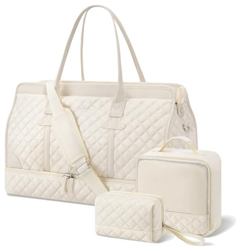 ETRONIK Weekender Reisetasche Damen, Große Reisetasche mit Schuhfach & Nass-Tasche, Tragetasche Sporttasche mit Kulturtasche, Tasche für Krankenhaus 3er Set Beige
