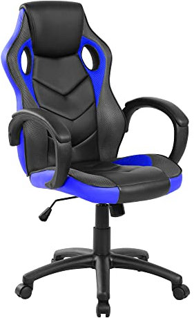 Dmora - Chaise à roulettes Caloundra, Fauteuil de Jeu Adulte, Chaise de Bureau, 66x61h104/114 cm, Noir et Bleu