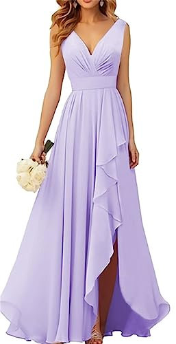 WSEYU Robe de demoiselle d'honneur en mousseline de soie à col en V pour mariage longue robe de soirée formelle avec fente à volants, lilas, 52