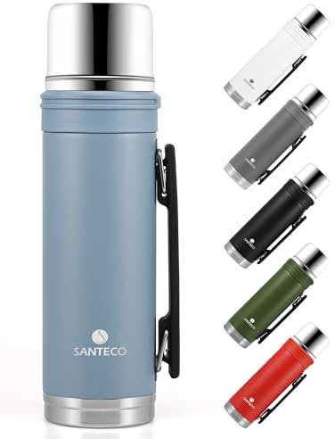 SANTECO Thermoskanne 1L - Thermoskanne mit Trinkbecher für unterwegs - Thermosflasche Edelstahl mit griff - Auslaufsicher Isolierflasche Kaffee & Tee - BPA Frei, für Heiß und Kalt