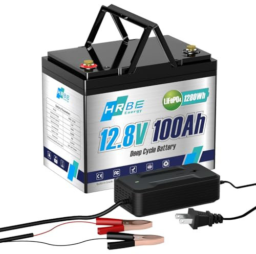 HRBEENERGY 12V 100AH LiFePO4 Batterie, 1280Wh Lithium Akku mit Ladegerät, Stabiler Eingebauter BMS-Schutz, 7000+ Deep Cycle Recharging, Perfekt für Wohnmobil/Solar/Marine/Off-Grid/Trolling Motor