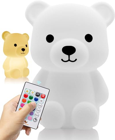 CuddleLight® Veilleuse Bébé & Enfant Ourson Rechargeable Sans Fil – 16 Couleurs + 3 Intensités de Lumière –Lampe de Chevet Tactile en Silicone Multifonction avec Télécommande - Batterie Longue Durée