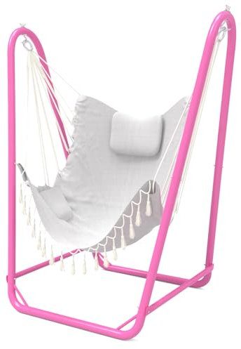 Hängestuhl mit Ständer, robuster Hängesessel mit Ständer, für drinnen und draußen, stabiler Schaukelstuhl, maximale Traglast 158,8 kg, Hängemattenstuhl im Lieferumfang enthalten, Rosa und Weiß