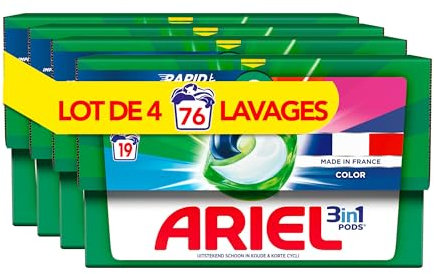 Ariel 3en1 PODS, Lessive Liquide Capsules, 76 Lavages (4x19 Tablettes), Couleur Défense, Élimine Les Taches Incrustées, Même Après 7 Jours, Impeccable Même En Cycle Court Et Froid, Fabriqué En France