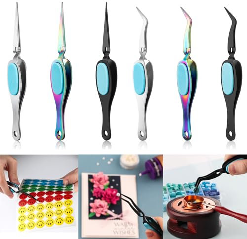 OTCRAFT 6 pinzas inversas para manualidades, pinzas de bloqueo cruzado, pinzas de agarre inverso, pinzas rectas curvadas de precisión, punta fina para manualidades, diamantes de imitación y pequeños