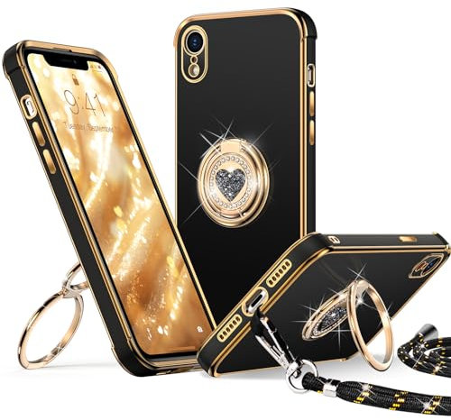 XYZ für iPhone XR Hülle mit Band, Herz Doppelring Ständer HandyHülle Handykette Frauen Mädchen Dünn Stoßfeste Anti-Kratzt SchutzHülle für iPhone XR Case, Schwarz