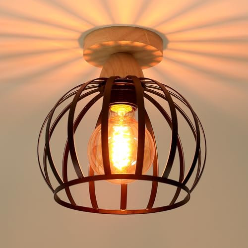 iDEGU Deckenleuchte Vintage Deckenlampe aus Holz und Eisen Käfig Design 20cm Lampenschirm E27 Beleuchtung Pendelleuchte Industrial Lampe für Flur Schlafzimmer Wohnzimmer Küche Eingang (Schwarz)