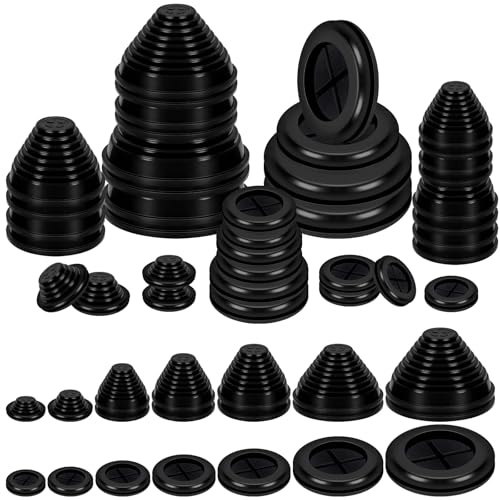 Swpeet 28Pcs 7 Sizes 2 Types Tower Shaped and Round Double Sided Rubber Grommet Kit, Drill Hole Round Rubber Plug Hole Grommets Firewall Solid Closed Hole Plug Rubber Gasket for Auto Car Wire Cable