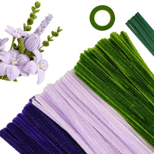 APKOL 300 pezzi Scovolini Ciniglia Colorati per Lavoretti Viola + Verde Pipe Cleaner con Stelo Filo Floreale e Nastro Floreale di DIY Carta per Viola Fai da Te Decorativi Artigianato