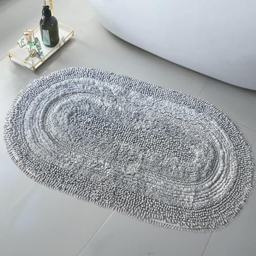 Bonny Home Oval Baumwoll-Badematte | Badezimmerteppich, Badteppich | Weiche Bad- und Duschvorleger | Für Bad, Dusche und Toilette, Maschinenwaschbar Badvorleger (Grau, 60x100)