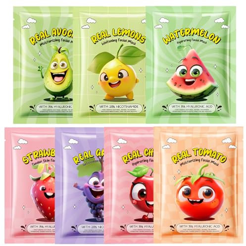 Maschera Bellezza Viso con Agli Estratti di Frutta, 7 Idratante Maschera Viso Lenitive per Idratazione Profonda Effetto, Set di Sheet Face Mask, Maschera Viso Coreana per Daily Care Skin