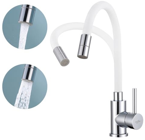 SUVIDA Flexibler Wasserhahn Küche/Bad, Armatur Küche/Bad mit 2 Strahlarten, Hochdruck Küchenarmatur Weiss 360° Schwenkbar, Mischbatterie Küche mit Wasserspar Aerator, Waschtischarmatur Edelstahl