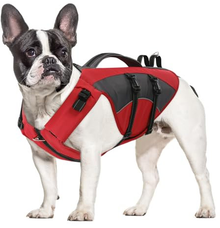 CITÉTOILE Gilet de Sauvetage pour Chien, bouée de Sauvetage réglable pour Chien Ripstop avec Poignée réfléchissant, adapté aux Sports Nautiques, Dog Life Jacket, Rouge, M