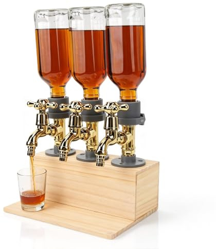 Wooden Whiskey Liquor Dispenser, 3 Bottle Faucet Shape Whiskey Dispenser Portable Liquor Bottles Beverage Holder for Party Bar Home