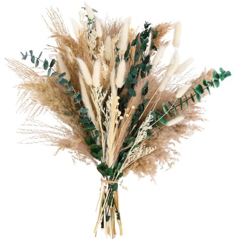 Pampasgras Deko Trocken 44cm hoch - schöner Pampasstrauß mit kleinem Pampas, Trockenblumen, Bunny Tails, Eukalyptus - für Hochzeit oder Trocken Blumen Dekoration