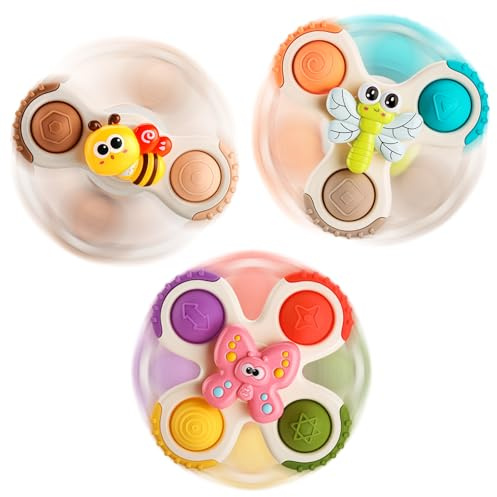lerrbo 3PCS Saugnapf Spinner Sensorik Spielzeug 12M+ | Mit Saugnäpfen, ABS, keine Kleinteile, abgerundete Kanten, ab 12 Monaten, Bad und Reise, Geschenk