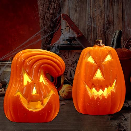 XPJBKC Halloween Deko LED Kürbis Lampe, 2 Stück Halloween Kürbis LED, kürbislicht mit led Beleuchtung, für Party Dekoration, Tischdeko, Herbstdeko