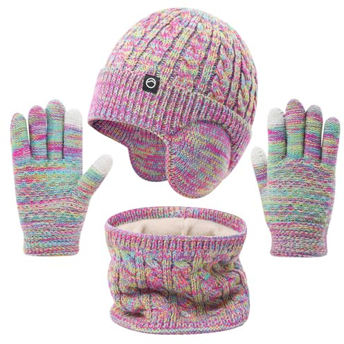 Winter Mütze Schal & Handschuh-Sets für Kinder Mädchen Jungen | 3-9 Jahre,Wintermütze,Warme Fleece Gefüttertes,Beanie Hut mit Ohrenklappen,Screen Touch Handschuh,Der dehnbare Schal
