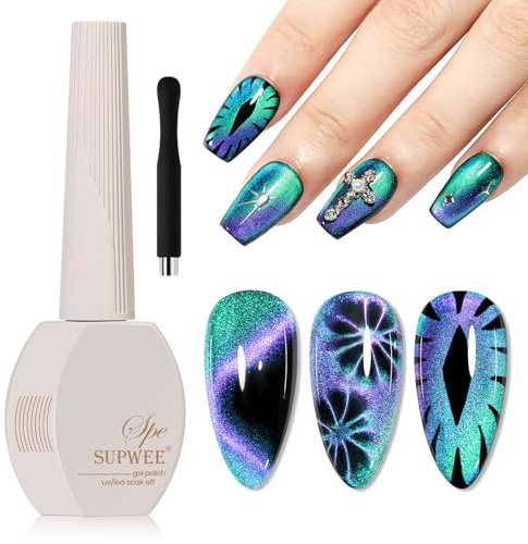 SUPWEE Cat Eye Gel Nail Polish, 15ML 9D Chameleon Holographic Cat Eye Magnetic Green Purple Magic Silky Colour Gel Polish with Magnet Soak Off UV Velvet Gels Galaxy Manicure Nail Art DIY for Women