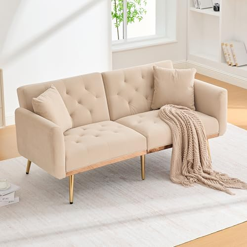 Bladez Modernes 2-Sitzer Samtsofa mit Verstellbarer Rückenlehne, Polsterkissen, Gold Metallbeinen, bequemes Schlafsofa Zweiersofa für Wohnzimmer und kleine Räume (Beige)