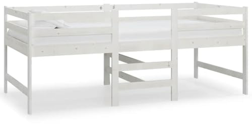 Foknhdi Letto a soppalco in legno di pino massiccio, 90 x 200 cm, bianco, per adolescenti, letto in legno salvaspazio con scala e rete a doghe, stabile letto per ragazzi