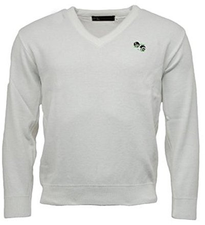 New Unisex/Men's/Woman's/Ladies Lawn Bowling Bowlswear Bowls 100% Arcylic V Neck Pullover Jumper Ribbed Hem and Cuffs Embroidered Bowls Logo (XL, White)