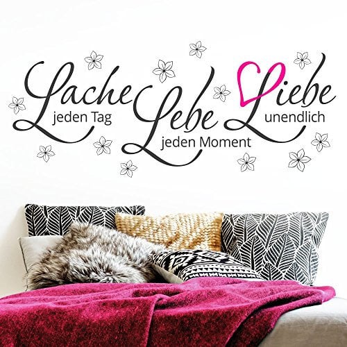 Grandora Wandtattoo Zitat Lebe Lache Liebe + Blumen & Herz pink I schwarz (BxH) 110 x 46 cm I Wohnzimmer Sticker Aufkleber Wandaufkleber Wandsticker W5122